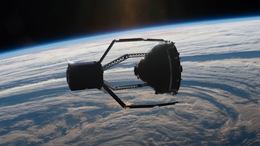 ESA-Mission "ClearSpace-1": Eine Sonde mit Greifarmen soll Weltraumschrott einfangen und zum Verglühen in die Erdatmosphäre ziehen. Das erste Testobjekt soll 2025 die VESPA-Oberstufe einer VEGA-Rakete sein, was das Bild veranschaulicht. | Bild: ESA/ClearSpace SA