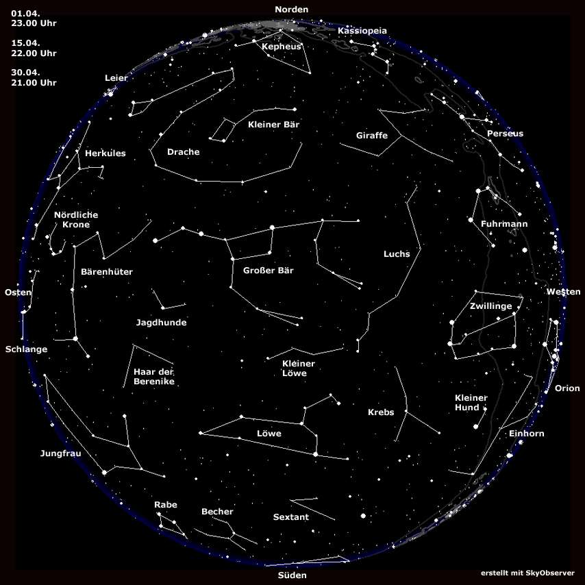 Sternkarte für April | Bild: BR, erstellt mit Skyobserver