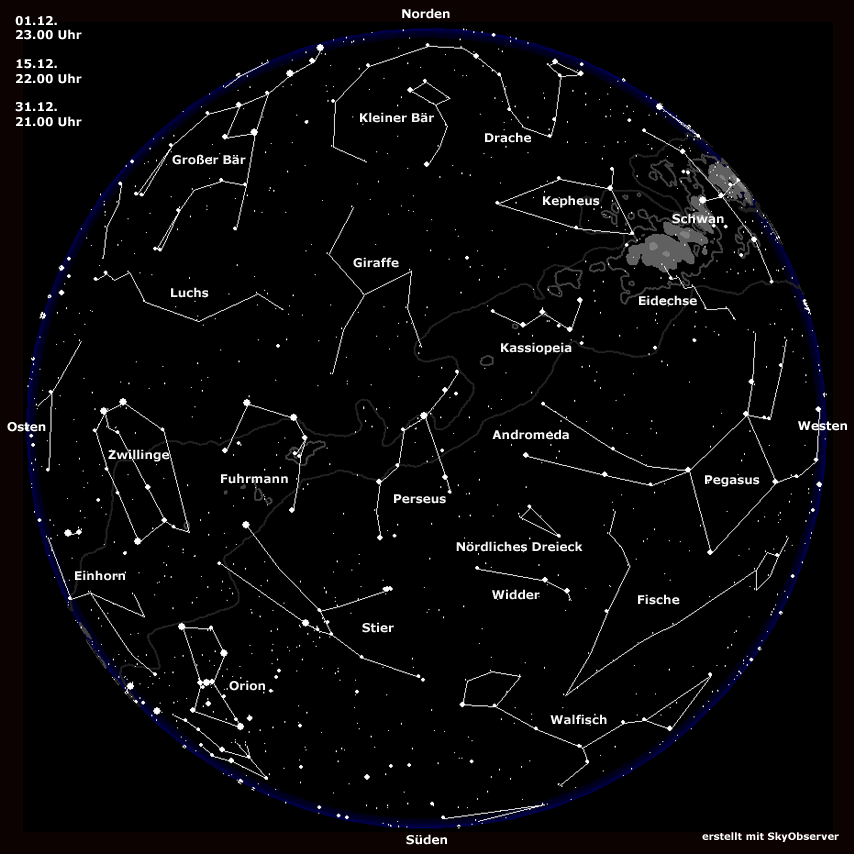 Sternkarte für Dezember | Bild: BR, erstellt mit Skyobserver