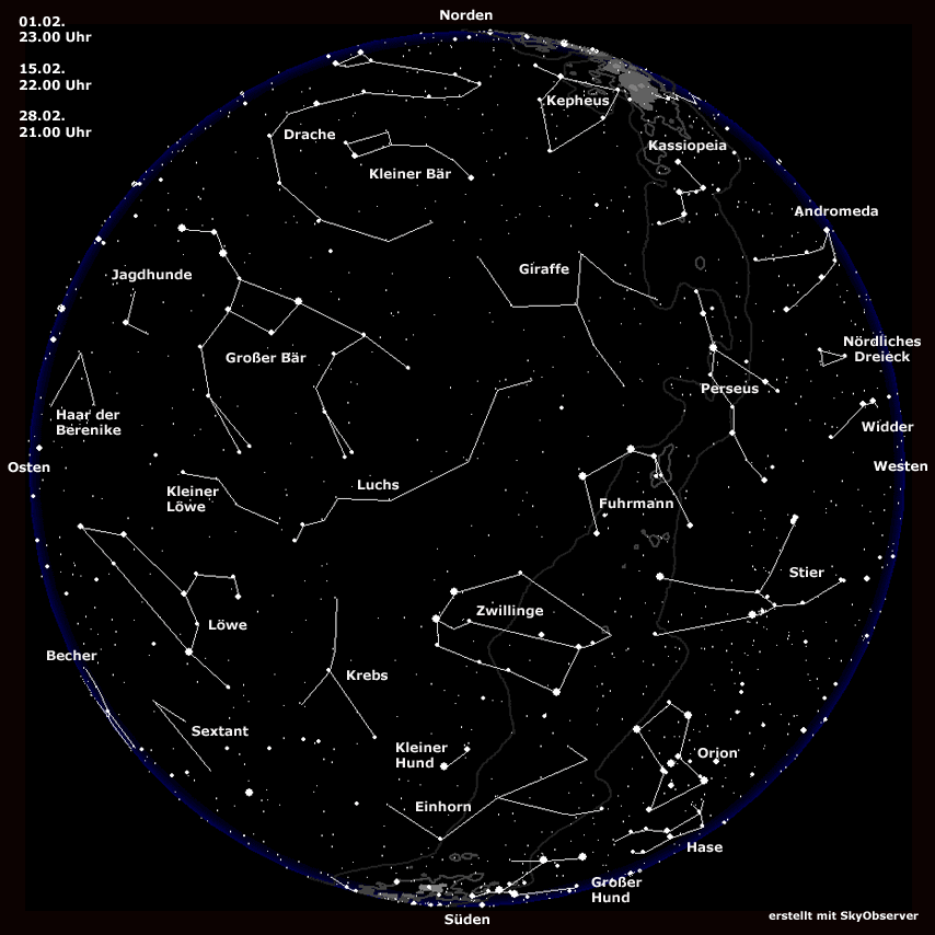 Sternkarte für Februar | Bild: BR, erstellt mit Skyobserver