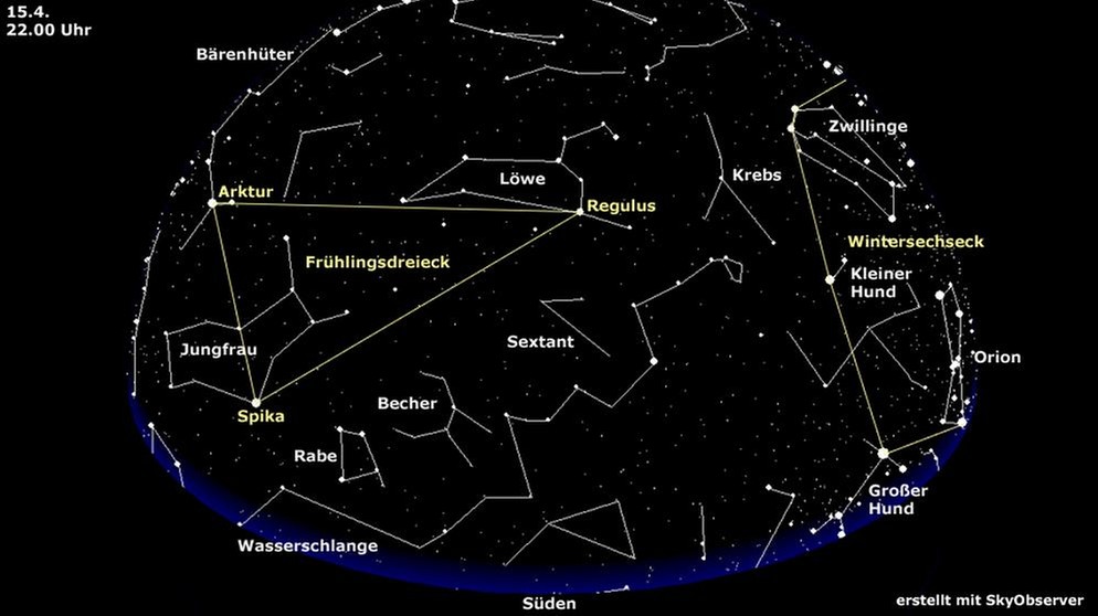 Sternkarte für das Frühlingsdreieck aus den Sternbildern Löwe, Jungfrau, Bärenhüter (gültig für den 15. April um 22.00 Uhr) | Bild: BR, Skyobserver