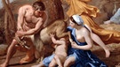 Göttervater Zeus wird als kleines Kind von der Nymphe Amaltheia (auch: Amalthea) mit Ziegenmilch gesäugt. Gemälde von  Nicolas Poussin um 1635. Diese Sage bildet einen Teil des Mythos' zum Sternbild Fuhrmann. | Bild: picture-alliance/akg-images