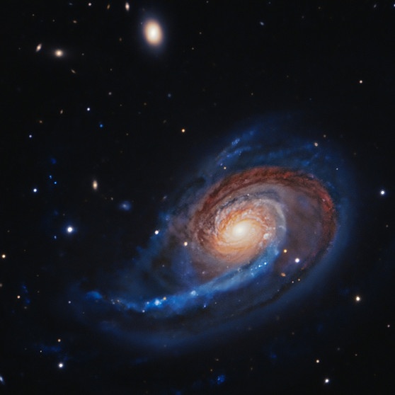 Die Galaxie NGC 772 im Sternbild Widder wird von einer kleinen Zwerggalaxie begleitet: NGC 770, im Bild als schwammiger Fleck über NGC 772 zu sehen. Die kleinere Satellitengalaxie interagiert mit der viel größeren Spiralgalaxie und verformt deren Spiralarme. | Bild: Sloan Digital Sky Survey SDSS