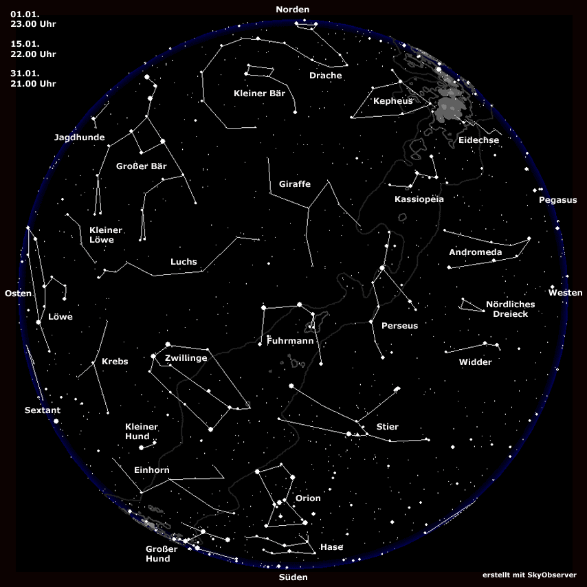 Sternkarte für Januar | Bild: BR, erstellt mit Skyobserver