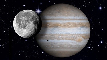 Collage des Planeten Jupiter mit dem Mond vor dem Sternenhimmel | Bild: NASA, ESA, colourbox.com