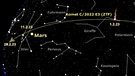 Der Komet C/2022 E3 (ZTF) auf einer Sternkarte für den 1. Februar 2023 um Mitternacht, wenn der Komet seine größte Erdnähe erreicht. | Bild: BR, Skyobserver