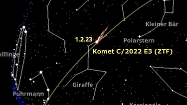 Der Komet C/2022 E3 (ZTF) auf einer Sternkarte für den 1. Februar 2023 morgens, wenn der Komet seine größte Erdnähe erreicht. | Bild: BR, Skyobserver