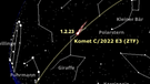 Der Komet C/2022 E3 (ZTF) auf einer Sternkarte für den 1. Februar 2023 morgens, wenn der Komet seine größte Erdnähe erreicht. | Bild: BR, Skyobserver