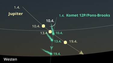 Der Komet 12P/Pons-Brooks auf einer Sternkarte für April 2024 abends. | Bild: BR, Skyobserver