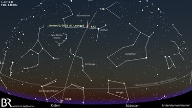 Der Komet C/2021 A1 Leonard bewegt sich vom 1. bis 12. Dezember vom Sternbild Bärenhüter durch die Schlange zum Schlangenträger und steht morgens zur gleichen Uhrzeit immer tiefer. | Bild: BR, erstellt mit Skyobserver