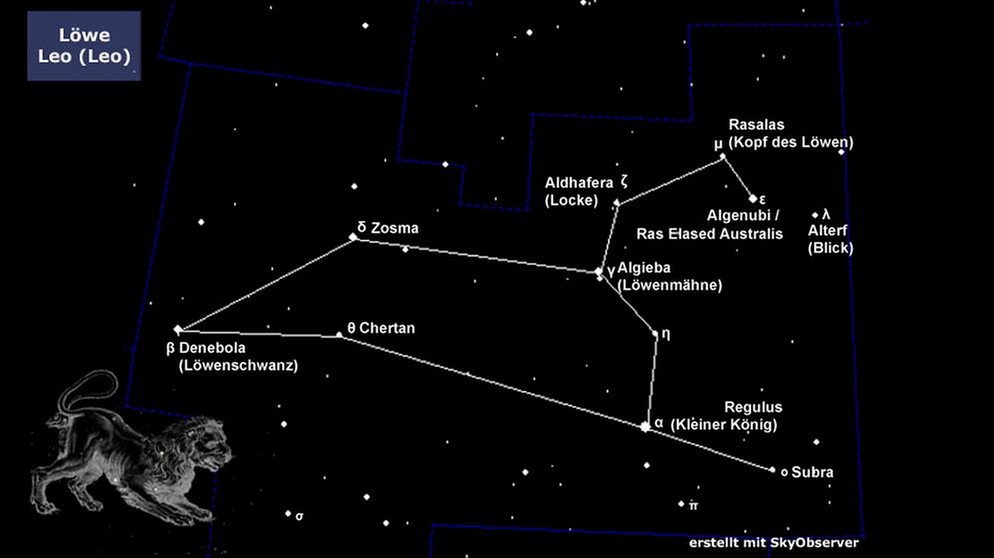 Sternkarte für das Sternbild Löwe (Leo) | Bild: BR, Skyobserver, BR, NASA/U.S. Naval Observatory's Library