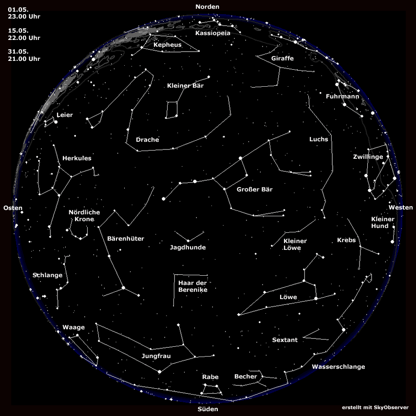 Sternkarte für Mai | Bild: BR, erstellt mit Skyobserver