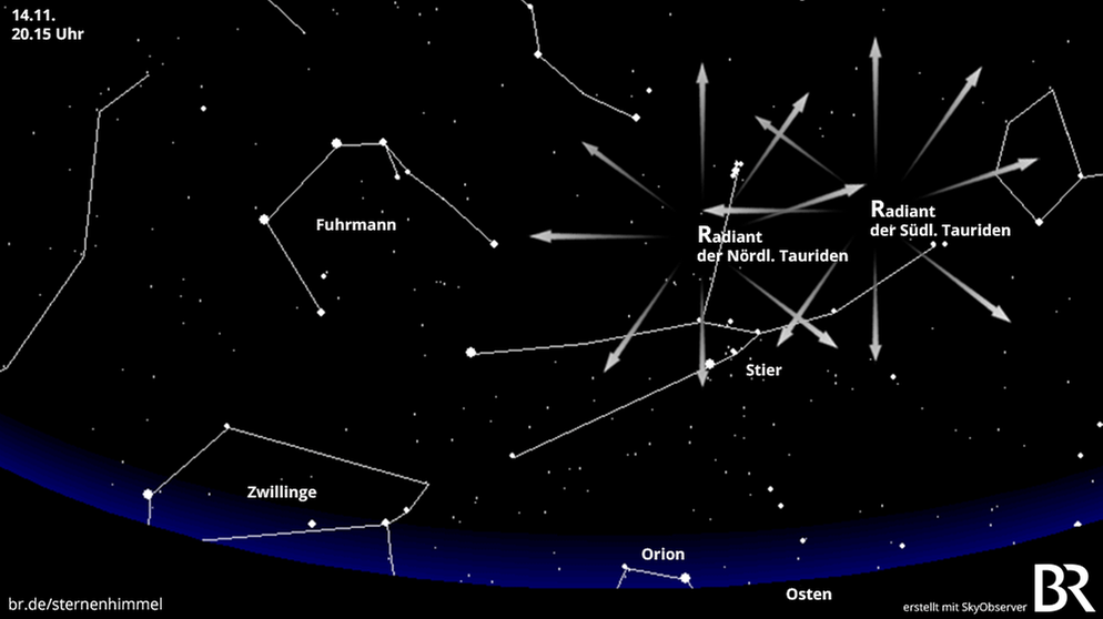 Sternkarte mit den Radianten der Nördlichen und Südlichen Tauriden-Sternschnuppen. Der Meteor-Strom hat seinen scheinbaren Ausstrahlungspunkt bei den Sternbildern Stier, Zwillinge und Fuhrmann | Bild: BR, Skyobserver