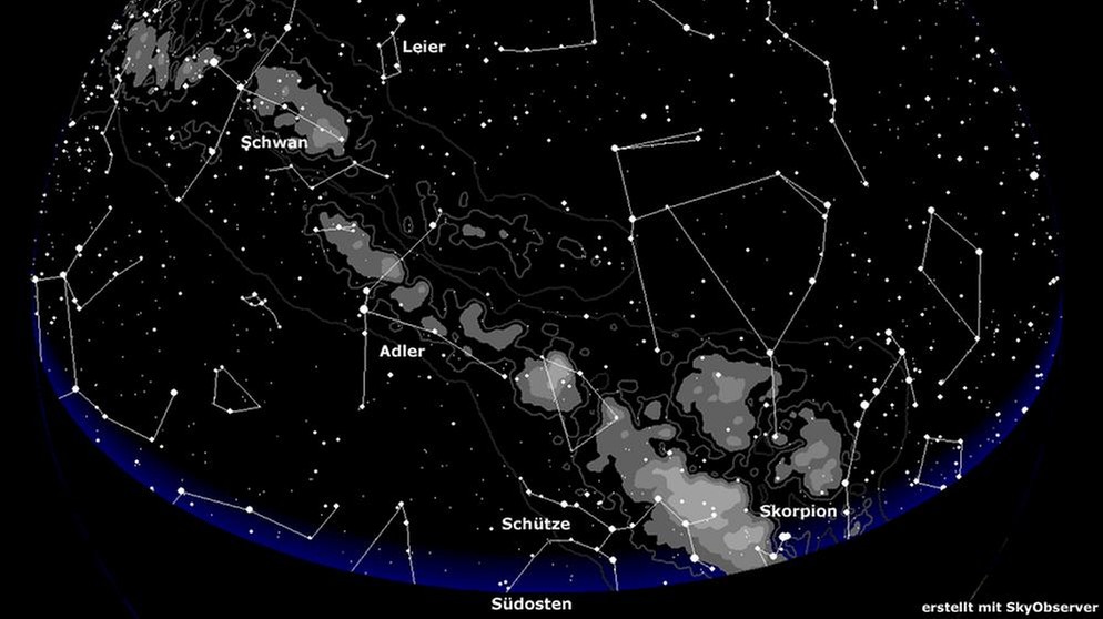 Sternkarte mit den Sternbildern Schütze, Skorpion, Adler und Schwan auf der Milchstraße (gültig für den 15. Juni um 0.00 Uhr) | Bild: BR, Skyobserver
