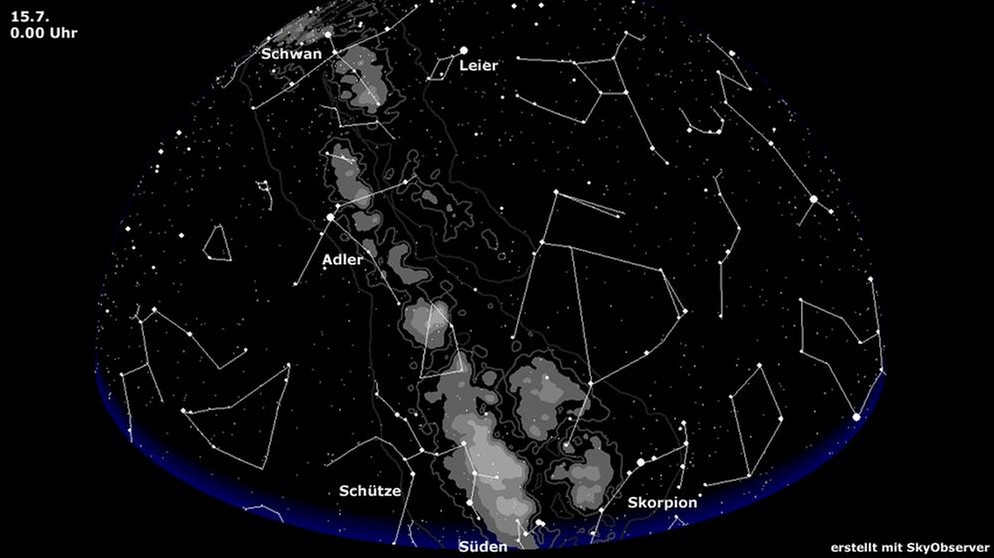 Sternkarte mit den Sternbildern Schütze, Skorpion, Adler und Schwan auf der Milchstraße (gültig für den 15. Juli um 0.00 Uhr) | Bild: BR, Skyobserver