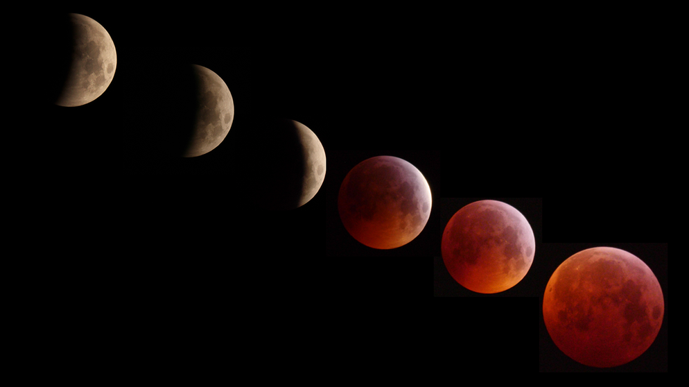 Verlauf der totalen Mondfinsternis im Januar 2019, fotografiert und zusammengestellt von Ralph Schwerdtfeger. | Bild: Ralph Schwerdtfeger