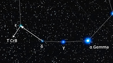 Die Pfeile markieren die Lage des Sterns T Coronae borealis (T CrB), der alle 80 Jahre als helle Nova erstrahlt. Der Stern gehört zum Sternbild Nördliche Krone (Corona borealis, CrB).  | Bild: imago/StockTrek Images; Bearbeitung: BR