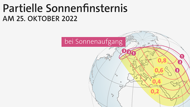 Partielle Sonnenfinsternis am 25. Oktober 2022. Bei dieser SoFi verdeckt die Mondscheibe die Sonne nur zum Teil, es gibt eine Teilfinsternis, die auch in Deutschland zu sehen ist. Bei uns wird aber nur ein relativ kleiner Teil der Sonnenscheibe bedeckt. | Bild: BR