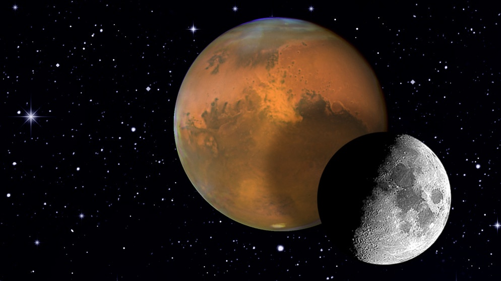 Collage des Planeten Mars mit dem Mond vor dem Sternenhimmel | Bild: NASA, ESA, colourbox.com