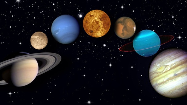Collage der Planeten des Sonnensystems vor dem Sternenhimmel: Saturn, Merkur, Neptun, Venus, Mars, Uranus und Jupiter. | Bild: colourbox.com, NASA