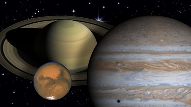 Collage der Planeten Jupiter, Mars und Saturn vor dem Sternenhimmel | Bild: NASA, colourbox.com