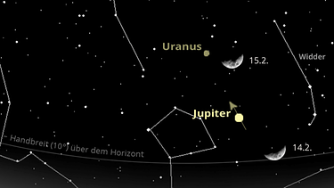 Sternkarte für die Planeten Jupiter und Uranus sowie den Mond im Februar 2024 | Bild: BR, Skyobserver