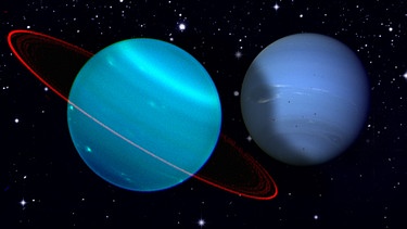 Collage der Planeten Uranus (links) & Neptun (rechts) vor dem Sternenhimmel | Bild: NASA, ESA, colourbox.com