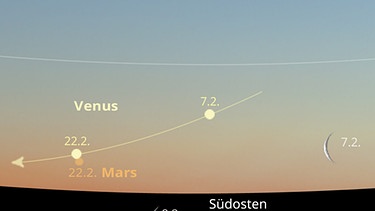 Sternkarte für den Planeten Venus und den Mond im Februar 2024 | Bild: BR, Skyobserver