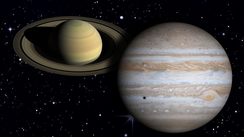 Collage der Planeten Jupiter und Saturn vor dem Sternenhimmel | Bild: colourbox.com, NASA, ESA