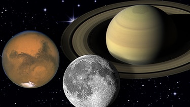 Collage der Planeten Mars und Saturn mit dem Mond vor dem Sternenhimmel | Bild: NASA, ESA, colourbox.com