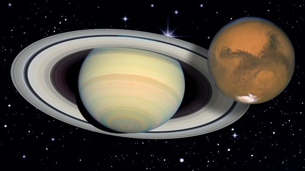 Collage der Planeten Mars und Saturn vor dem Sternenhimmel | Bild: NASA, ESA, colourbox.com