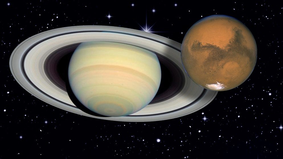Collage der Planeten Mars und Saturn vor dem Sternenhimmel | Bild: NASA, ESA, colourbox.com
