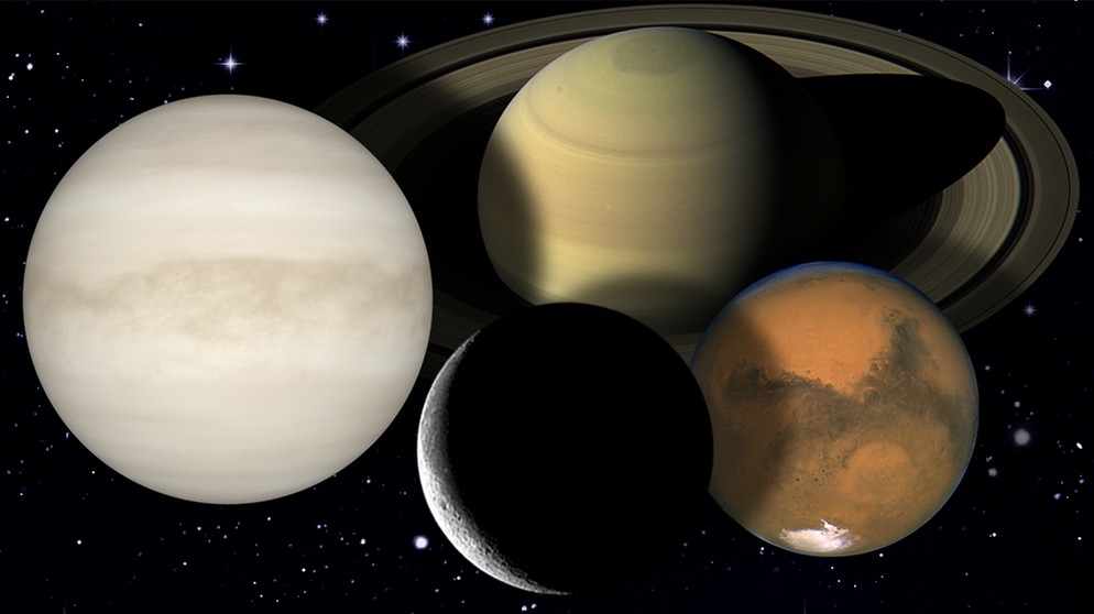 Collage der Planeten Saturn, Mars und Venus mit der Mondsichel vor dem Sternenhimmel | Bild: colourbox.com, NASA, ESA
