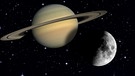 Collage des Planeten Saturn mit dem Mond vor dem Sternenhimmel | Bild: NASA, ESA, colourbox.com