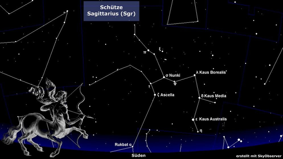 Sternkarte für das Sternbild Schütze (Sagittarius) | Bild: BR, Skyobserver, BR, NASA/U.S. Naval Observatory's Library