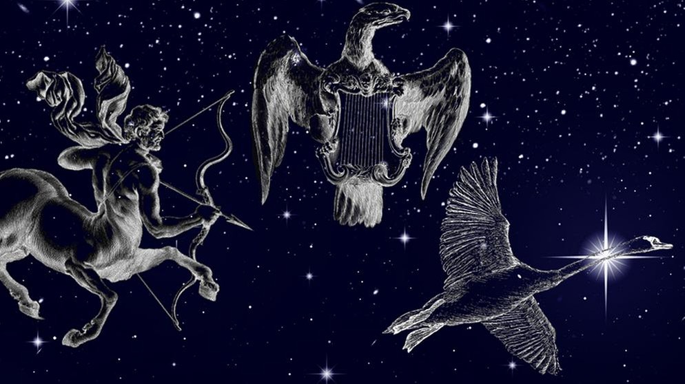 symbolische Darstellung der Sternilder Leier (Lyra), Schwan (Cygnus) und Schütze (Sagitarius) vor dem Sternenhimmel | Bild: BR, colourbox.com, NASA/U.S. Naval Observatory's Library