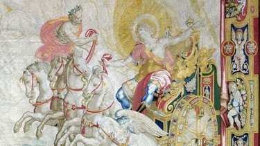 Ein Wandteppich (17. Jhdt.) zeigt den Göttersohn Phaeton, der den Sonnenwagen steuert. Der Mythos wird mit dem Sternbild Schwan in Verbindung gebracht. | Bild: picture-alliance/dpa
