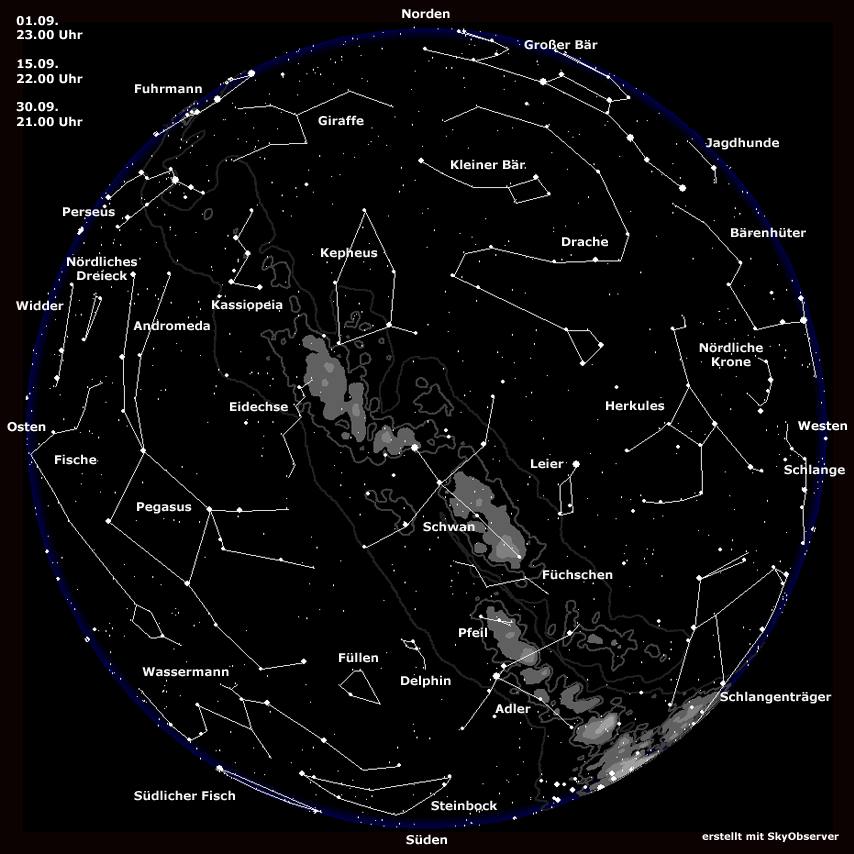 Sternkarte für September | Bild: BR, erstellt mit Skyobserver