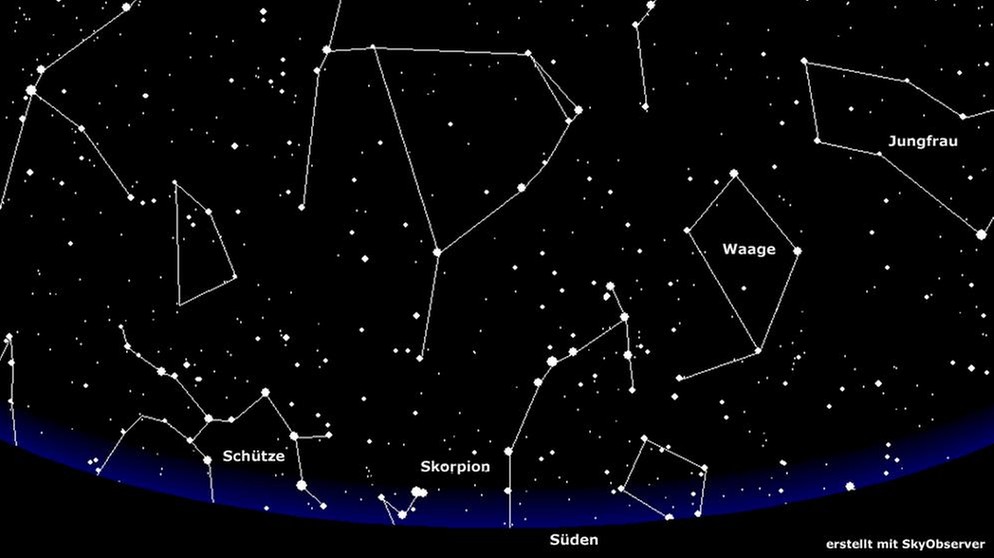 Sternkarte für die Sternbilder Schütze, Skorpion und Waage (gültig für den 15. Juni um 0.00 Uhr) | Bild: BR, Skyobserver