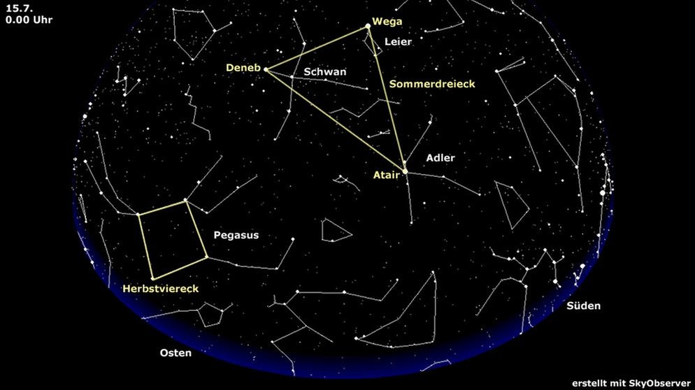 Sternkarte für das Sommerdreieck aus den Sternbildern Leier, Adler und Schwan und dem Herbstviereck Pegasus (gültig für den 15. Juli um 0.00 Uhr) | Bild: BR, Skyobserver