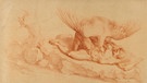Zeichnung des nackten Prometheus, angekettet an einen Felsen, und des Adlers, der nach seiner Leber hackt. Zeichnung (gedreht) von Francesco Bartolozzi von 1795 nach einer Zeichnung von Michelangelo Buonarroti von 1475. Diesem Mythos verdankt das Sternbild Adler wohl seinen Ursprung.
| Bild: picture alliance / Liszt Collect