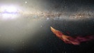 Illustration der Bewegung der Hochgeschwindigkeitswolke Smith Cloud im Sternbild Adler auf die Milchstraße zu | Bild: Illustration: NASA, ESA, and Z. Levay (STScI); Image: B. Saxton and F. Lockman 