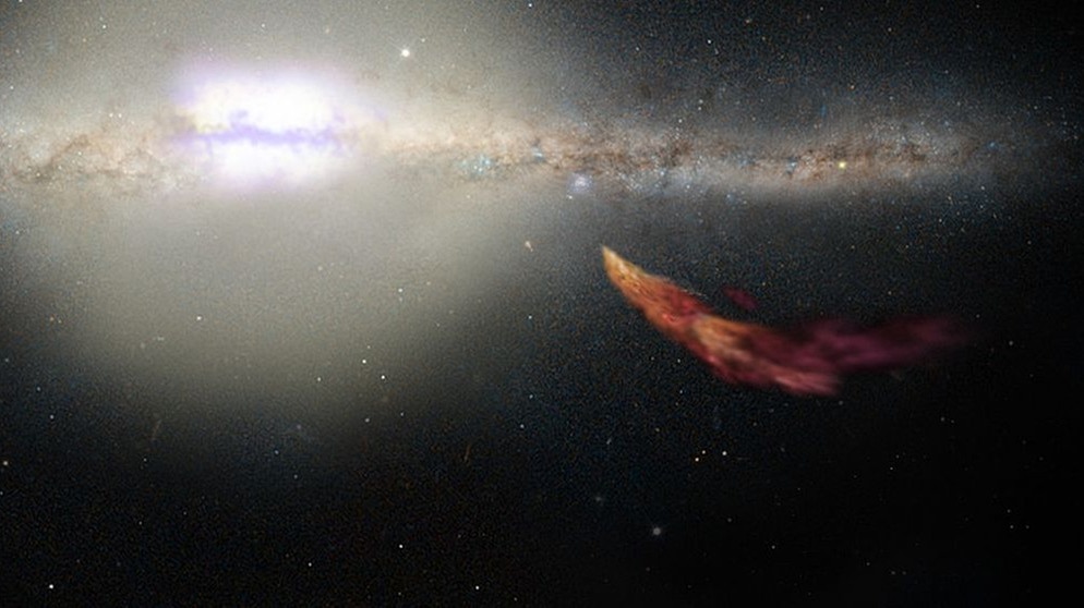 Illustration der Bewegung der Hochgeschwindigkeitswolke Smith Cloud im Sternbild Adler auf die Milchstraße zu | Bild: Illustration: NASA, ESA, and Z. Levay (STScI); Image: B. Saxton and F. Lockman 