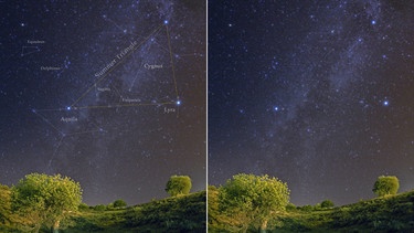 Die Sternbilder Adler, Schwan und Leier (mit und ohne Markierung) spät in einer Sommernacht am Nachthimmel | Bild: imago/Leemage
