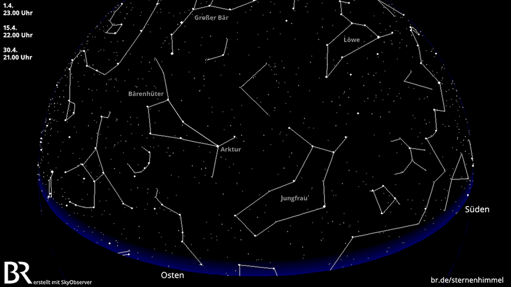 Die Sternbilder Bärenhüter, Großer Bär, Jungfrau und Löwe am Abendhimmel im April (Sternkarte) | Bild: BR, Skyobserver