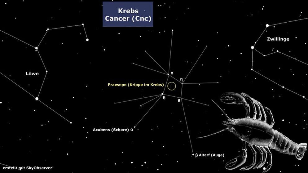 Sternkarte für das Sternbild Krebs mit dem Sternhaufen Praesepe | Bild: BR, Skyobserver, BR, NASA/U.S. Naval Observatory's Library