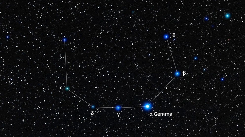 Das Sternbild Nördliche Krone (Corona borealis, CrB) mit seinen hellsten Sternen.  | Bild: imago/StockTrek Images; Bearbeitung: BR