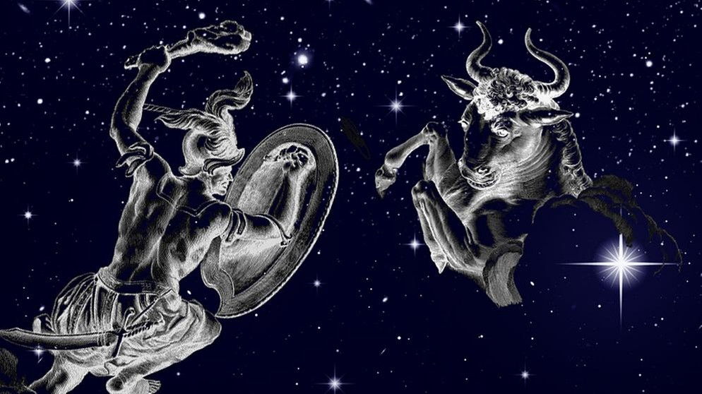 symbolische Darstellung der Sternilder Orion und Stier vor dem Sternenhimmel | Bild: NASA/U.S. Naval Observatory's Library, colourbox.com