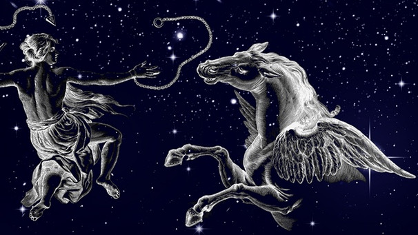 symbolische Darstellung der Sternbilder Pegasus und Andromeda vor dem Sternenhimmel | Bild: NASA/U.S. Naval Observatory's Library, colourbox.com