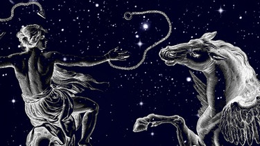 symbolische Darstellung der Sternbilder Pegasus und Andromeda vor dem Sternenhimmel | Bild: NASA/U.S. Naval Observatory's Library, colourbox.com